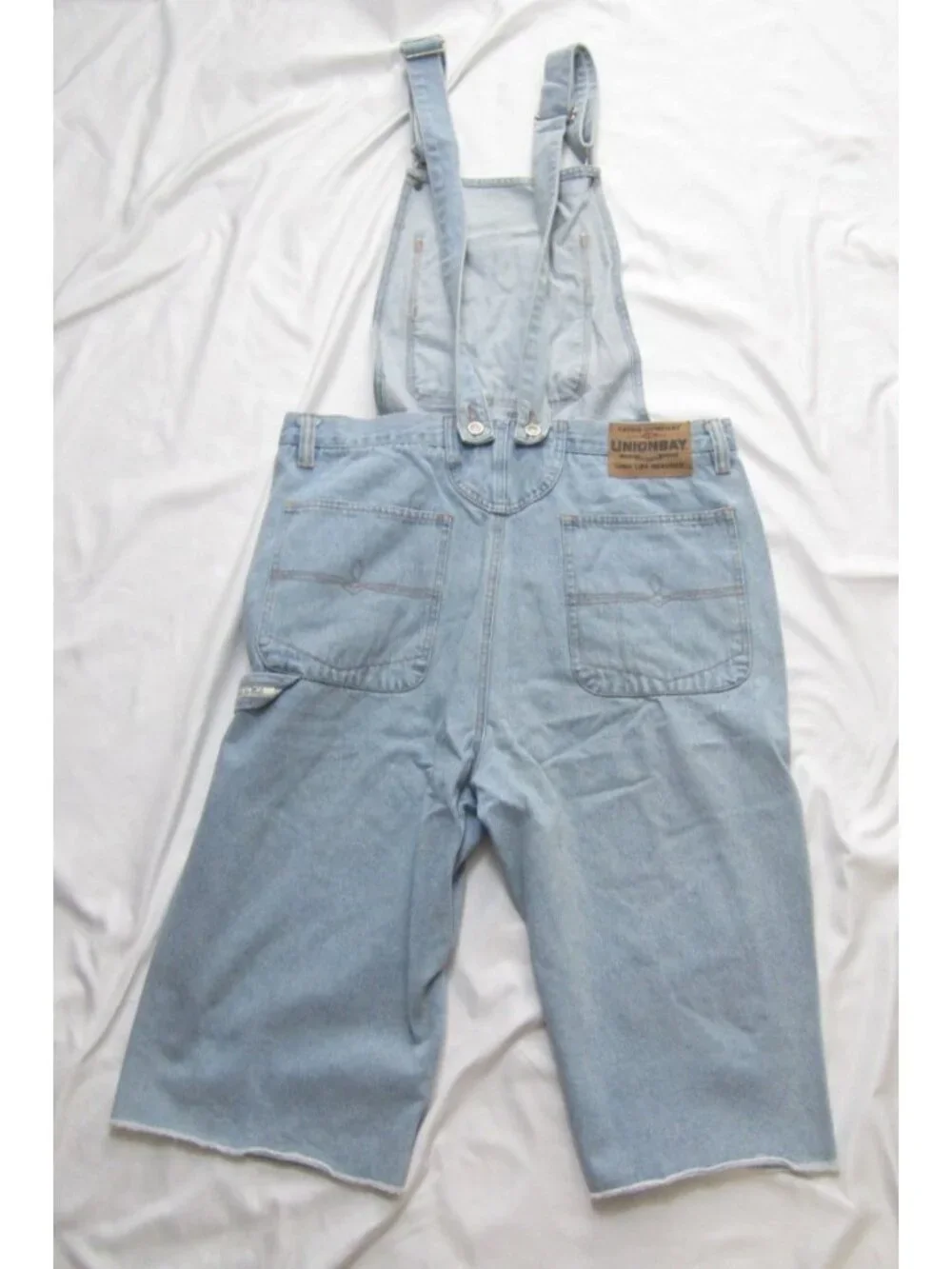 Vtg 90s Unionbay Denim Overalls Shorts Women 36 Light Cut Off Raw Hem(MP681)
